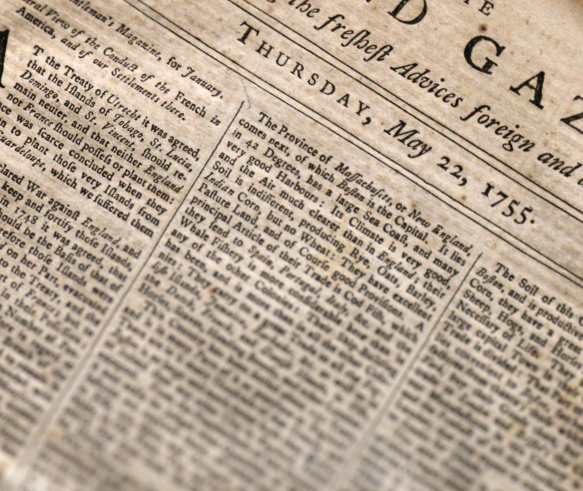 Front page from Maryland Gazette, May 22, 1755, including an article drumming up support for the British in the French and Indian War 