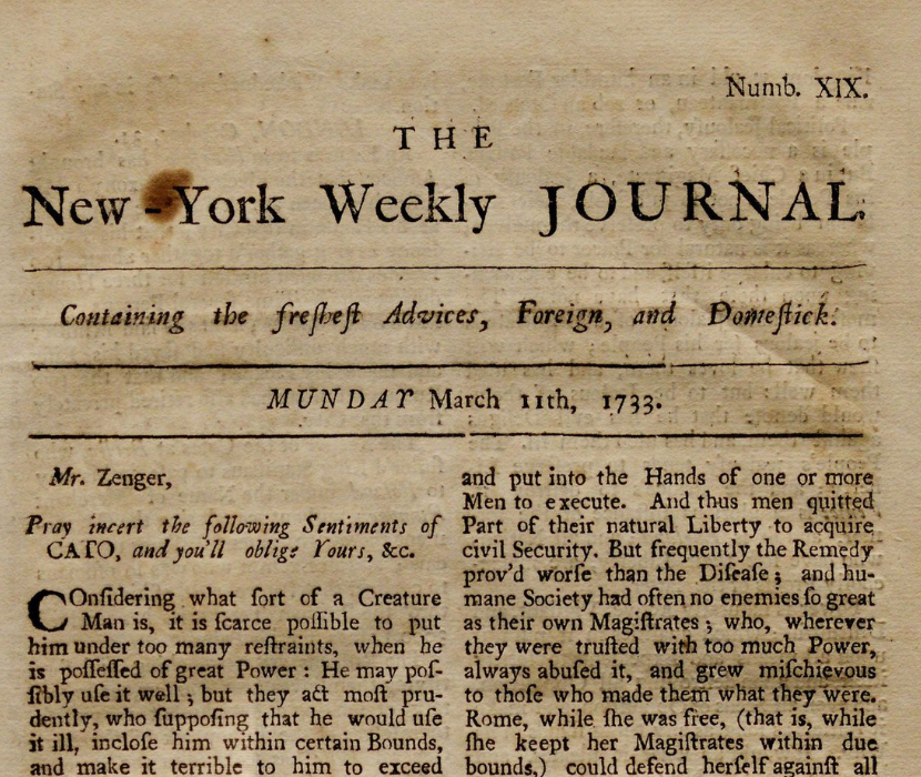 Detail of front page of the New-York Weekly Journal, March 11, 1733