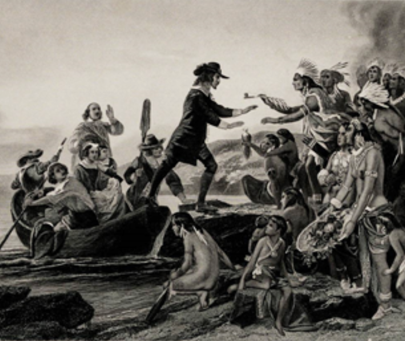 19th-century engraving of the landing of Roger Williams showing European being greeted by Native people.