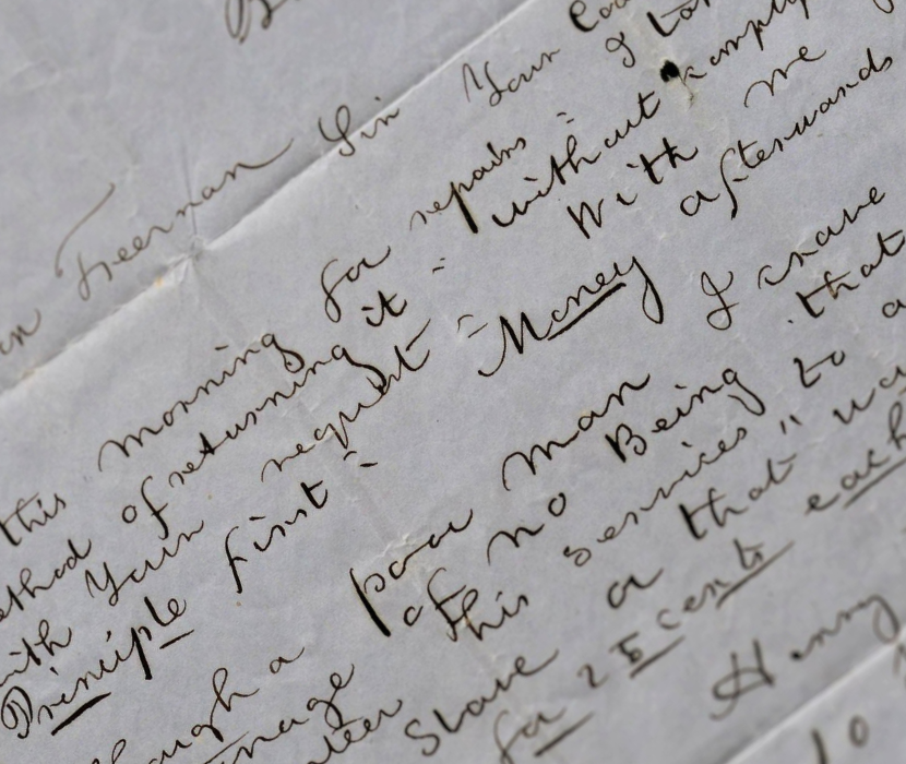 Detail from handwritten letter with focus on text "Principle first:    Money afterwards"