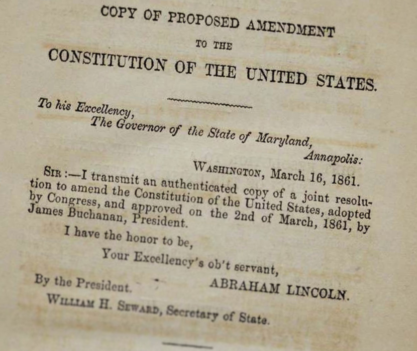 Detail from title page of proposed amendment to the Constitution from 1861 that would have protected slavery. Printed signature of Abraham Lincoln included.