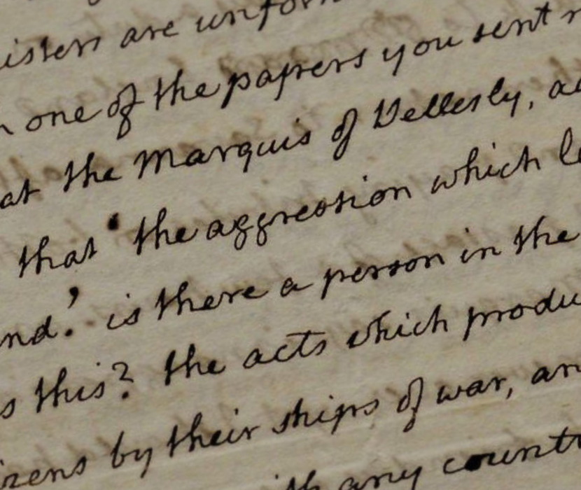 Detail from handwritten letter by Thomas Jefferson with the word "aggression" prominently featured
