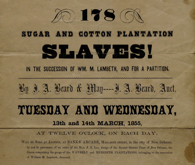 Title page from 1855 catalogue for the sale of enslaved people