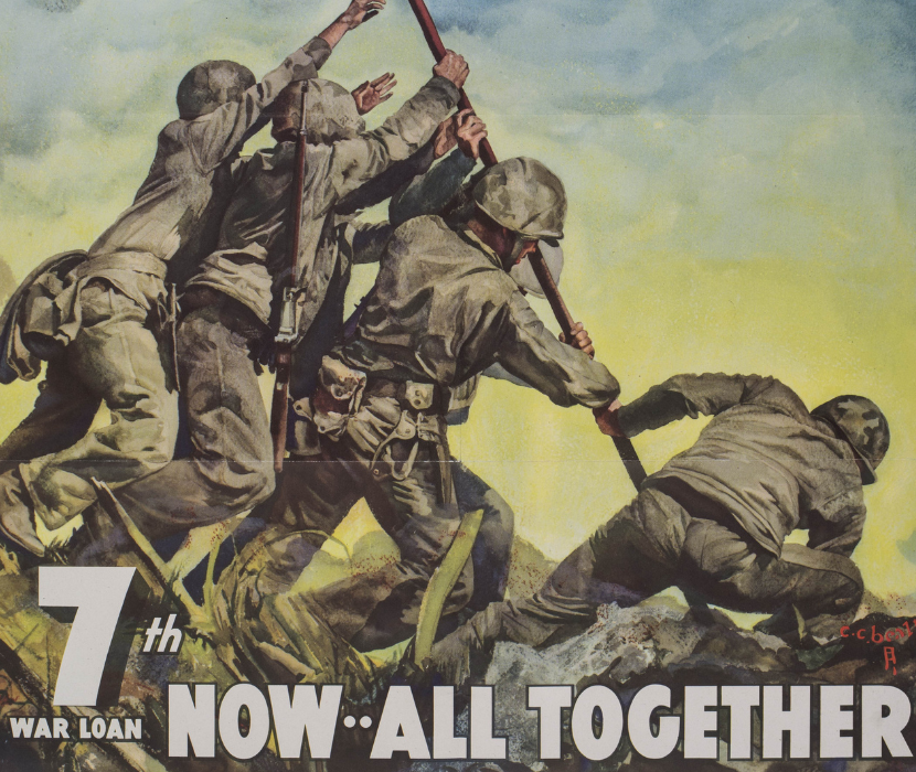 WWII poster showing four soldiers planting the US flag with text saying "Now All Together"