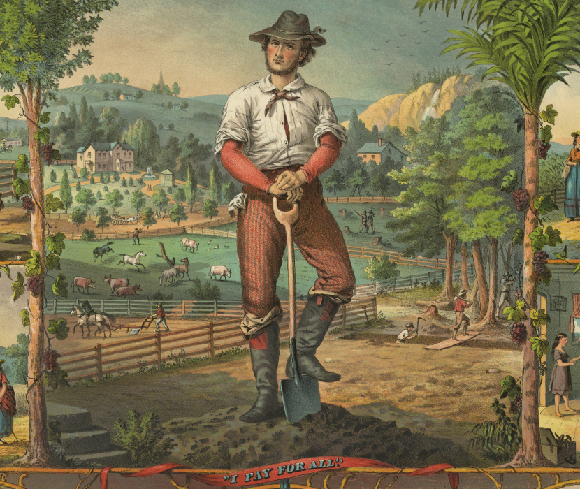 Detail from promotional print (ca. 1873) for grange members, focused on a farmer with one boot resting over a shovel stuck into the ground.