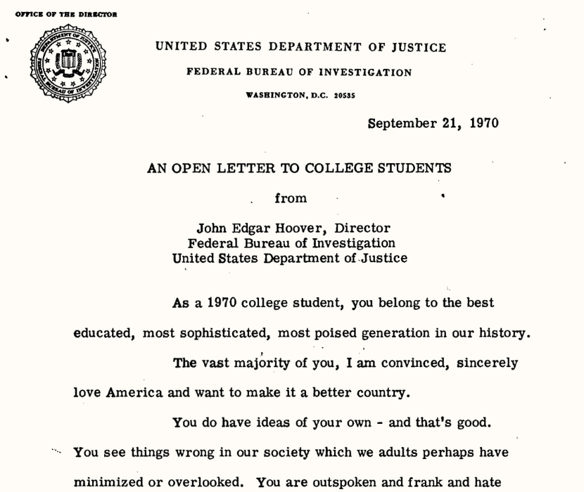 J Edgar Hoover open letter to college students.