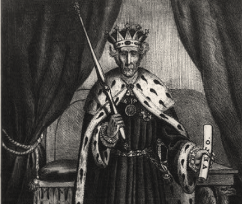 Detail from cartoon depicting Andrew Jackson as a king, holding a scroll saying "Veto" in one hand