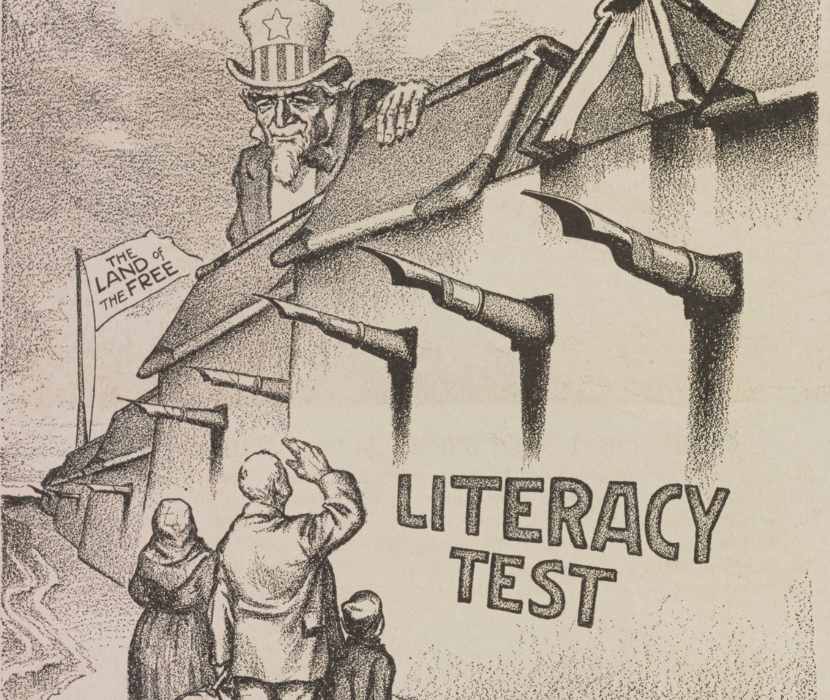 Cartoon showing wall labeled "Literacy Test" with family on one side and Uncle Sam on the other