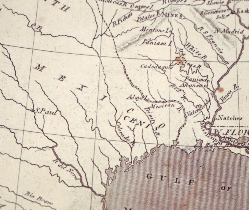View of early nineteenth century map of Louisiana showing placenames and waterways draining into the Gulf of Mexico