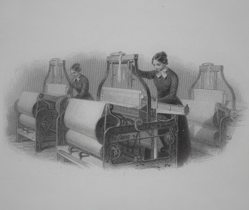 Engraving showing women operating looms at a cotton mill in Lowell, Massachusetts