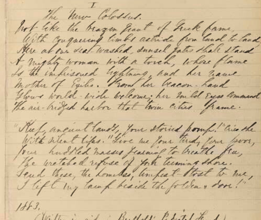 Manuscript page with Emma Lazarus 1883 poem "The New Colossus"