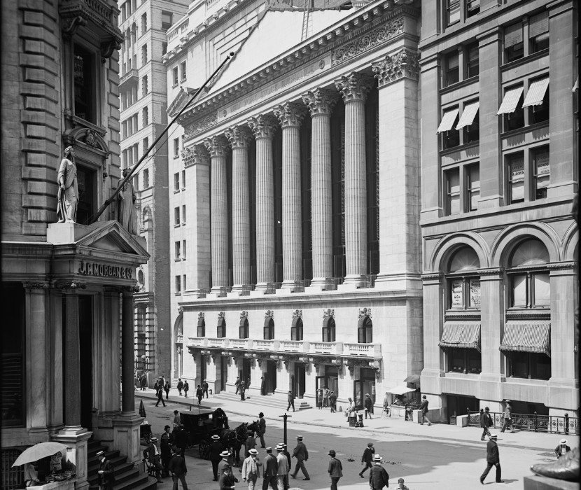 Detail from ca. 1900 photograph showing the front of the New York Stock Exchange