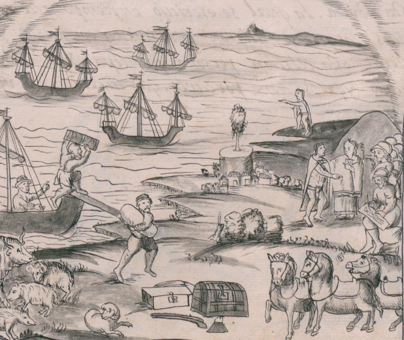Illustration on the title page ofthe 1577 Florentine Codex of ships landing ashore