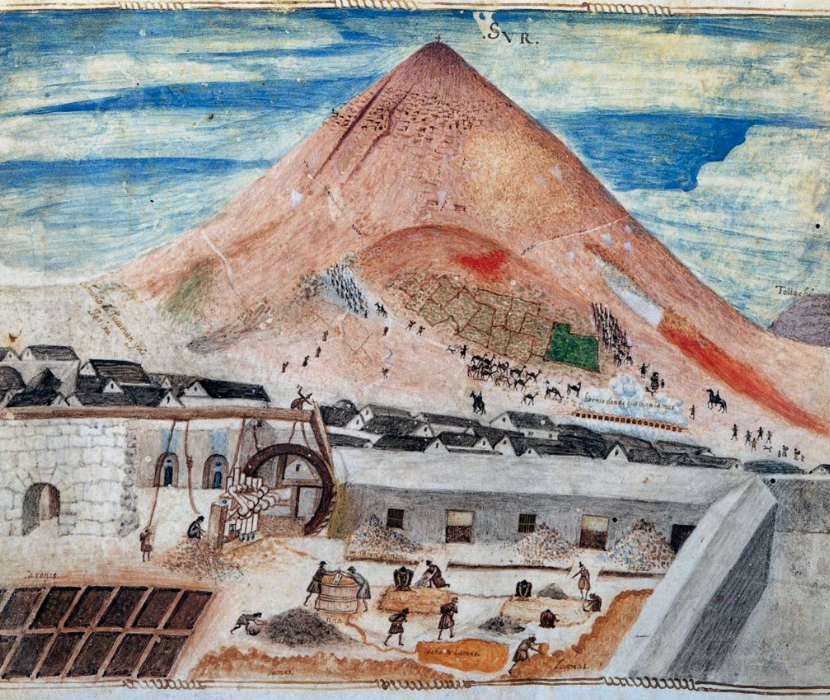 Ca. 1585 watercolor showing silver mining operation at Potosi
