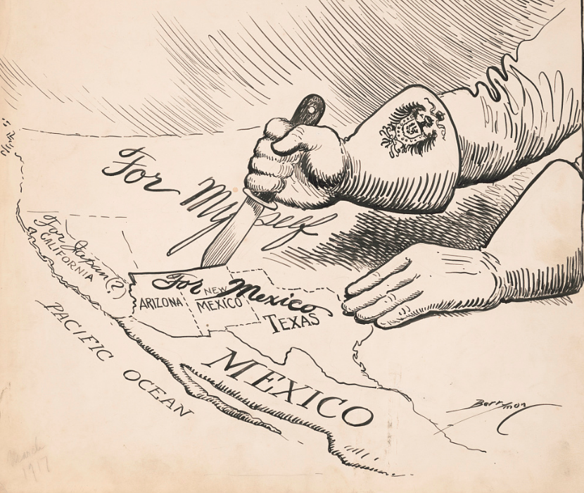 World War I cartoon shows a hand in a gauntlet (decorated with the imperial German eagle) carving up a map of the Southwestern United States.