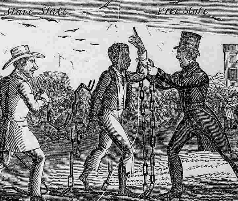 Detail from Antislavery Almanac showing an enslaved person in chains crossing from a Slave State into a Free State