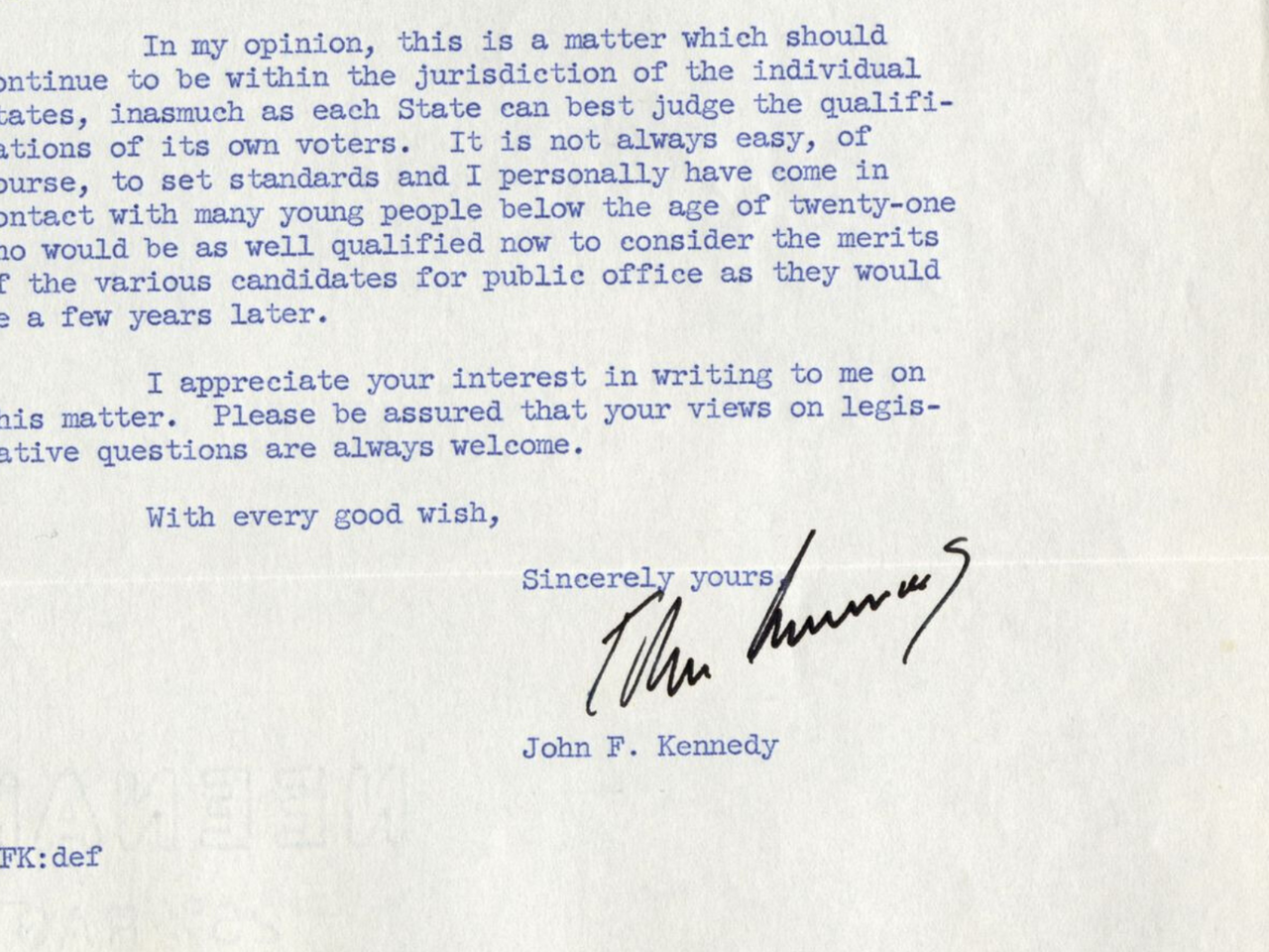Response letter from John F Kennedy to constituent over issue of voting age