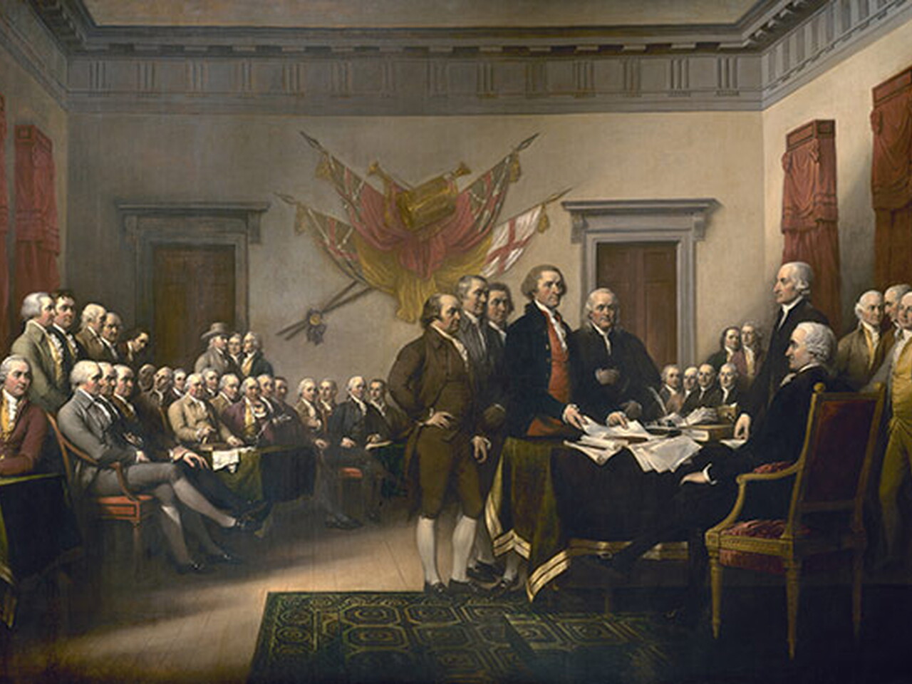 John Trumbull, Declaration of Independence, oil on canvas, 1818; placed in the Rotunda of the US Capitol, 1826 (Architect of the Capitol)