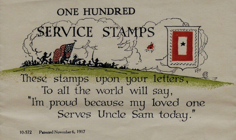 Note from a WWI stamp book with cartoon silhouette of fighting 