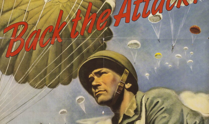 WWII Era War Bonds poster showing soldier and parachutists