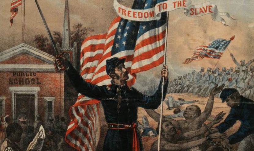 Civil War recruitment poster showing soldier waving a flag and banner saying "Freedom to the Slave"
