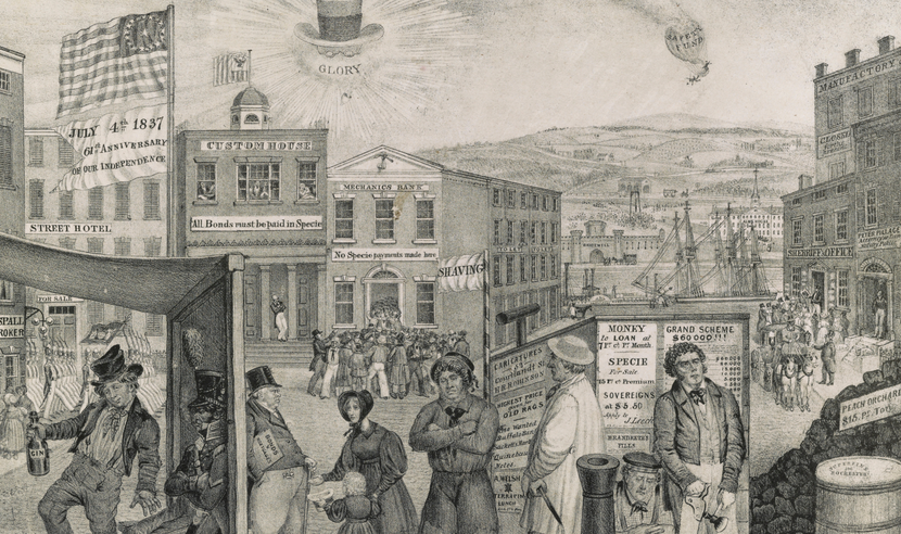 Lithograph showing a satyrical urban scene, intended to blame the depressed state of the American economy on Andrew Jackson, represented in the sky by floating hat, spectacles, and clay pipe with the word glory