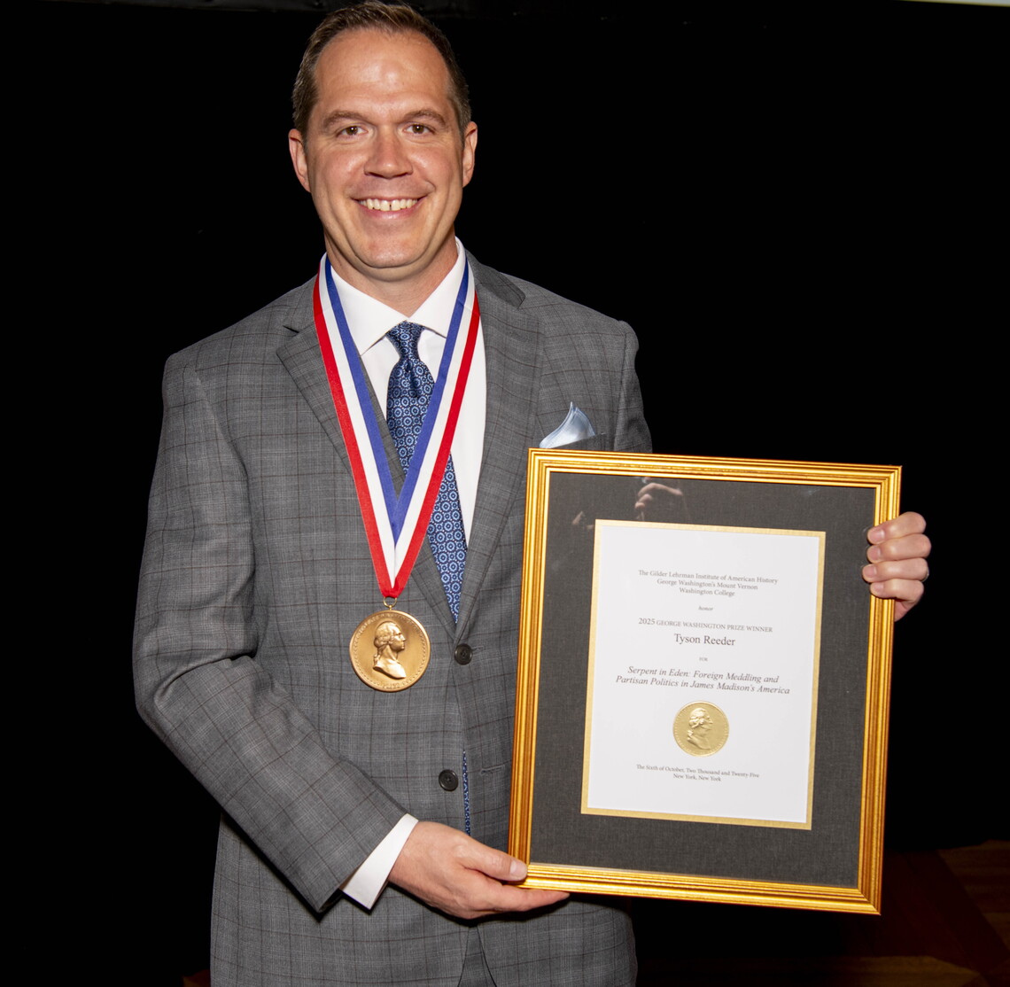 Author Tyson Reeder was named the 2025 winner of the George Washington Prize at a gala dinner held in New York City on October 8.