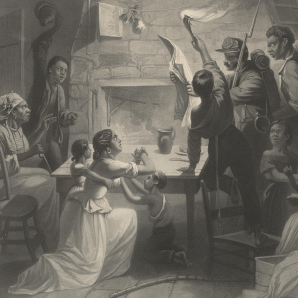 Emancipation (Black and white painting of Union soldier delivering the news of emancipation to black family)