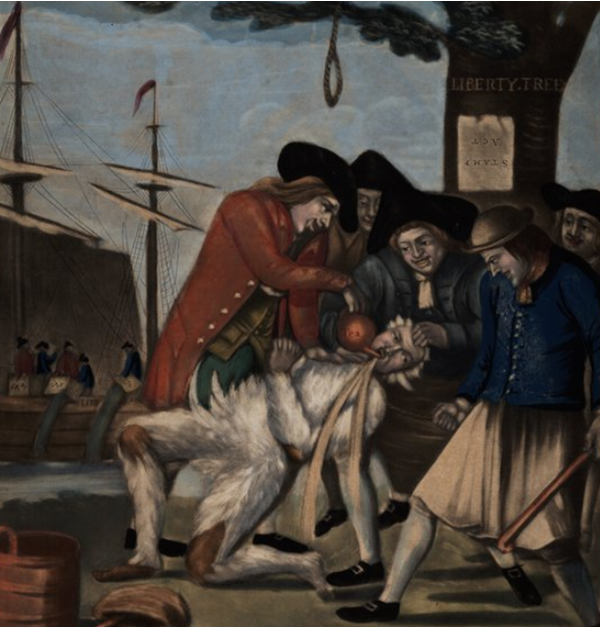 Revolutionary America (1774 engraving of tarring and feathering of a man in Boston)
