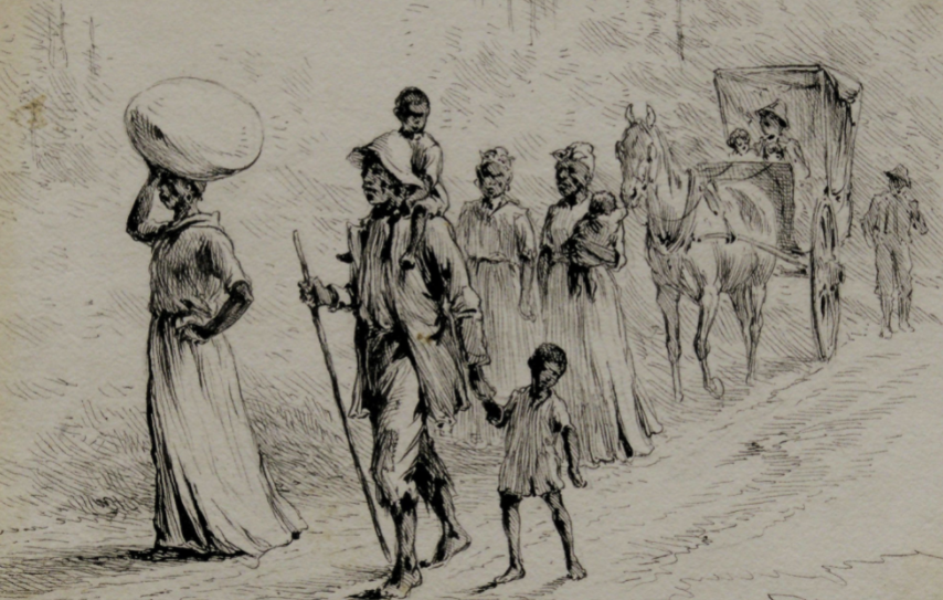 Slavery in the Americas (Sketch of enslaved people walking down a road with a horse drawn carriage behind them)