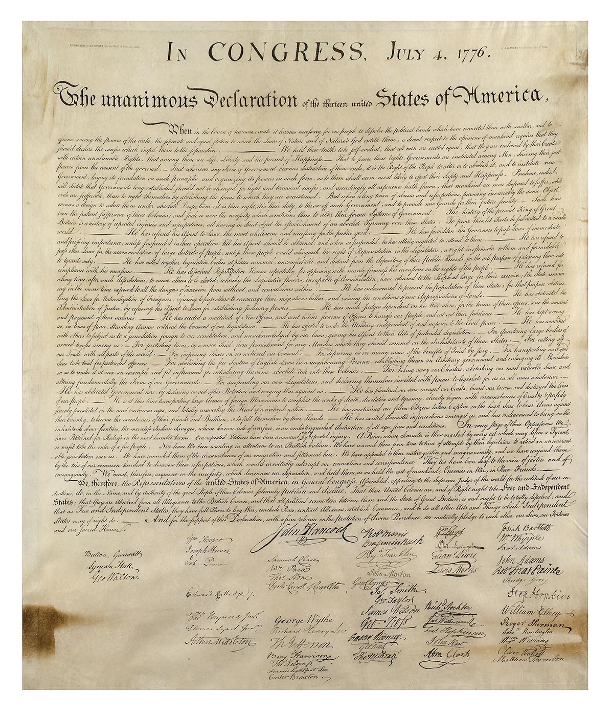 Declaration of Independence, printed by William J. Stone, Washington, DC, 1820. (The Gilder Lehrman Institute, GLC00154.02)