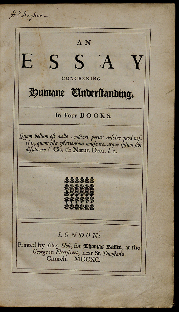 Title page of John Locke's Essay Concerning Humane Understanding, London, 1690. (Gilder Lehrman Institute, GLC00320)