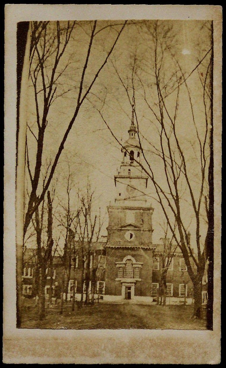 Photograph of Independence Hall in Philadelphia, created between 1861 and 1865. Small photographs like this were easily shared to celebrate the “birthplace” of the nation, where the Declaration of Independence was signed. (The Gilder Lehrman Institute, GLC00241.04)