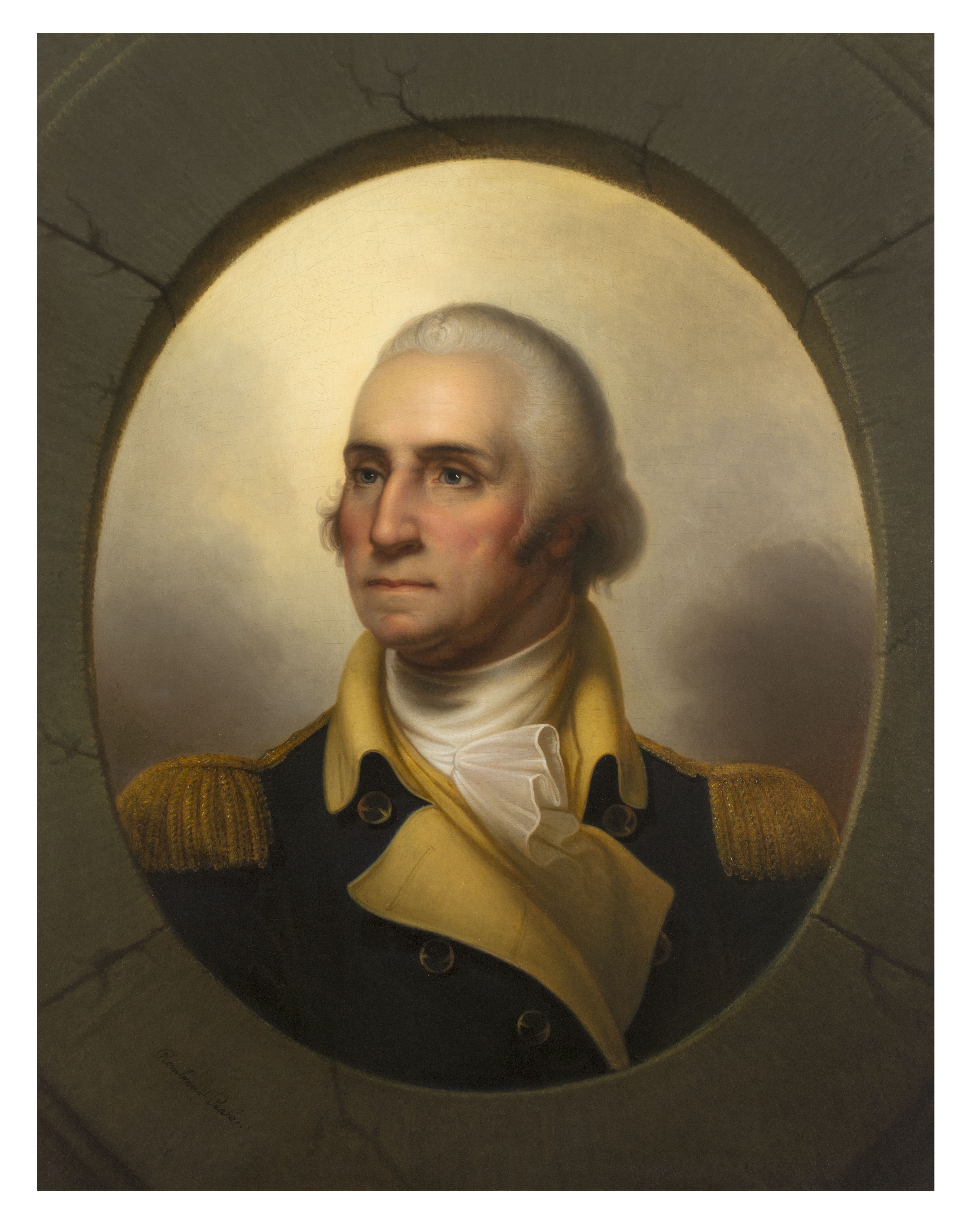 Oil painting of George Washington in military uniform by American artist Rembrandt Peale, created around 1852. Peale produced at least 79 paintings of Washington. (The Gilder Lehrman Institute, GLC09119.01)