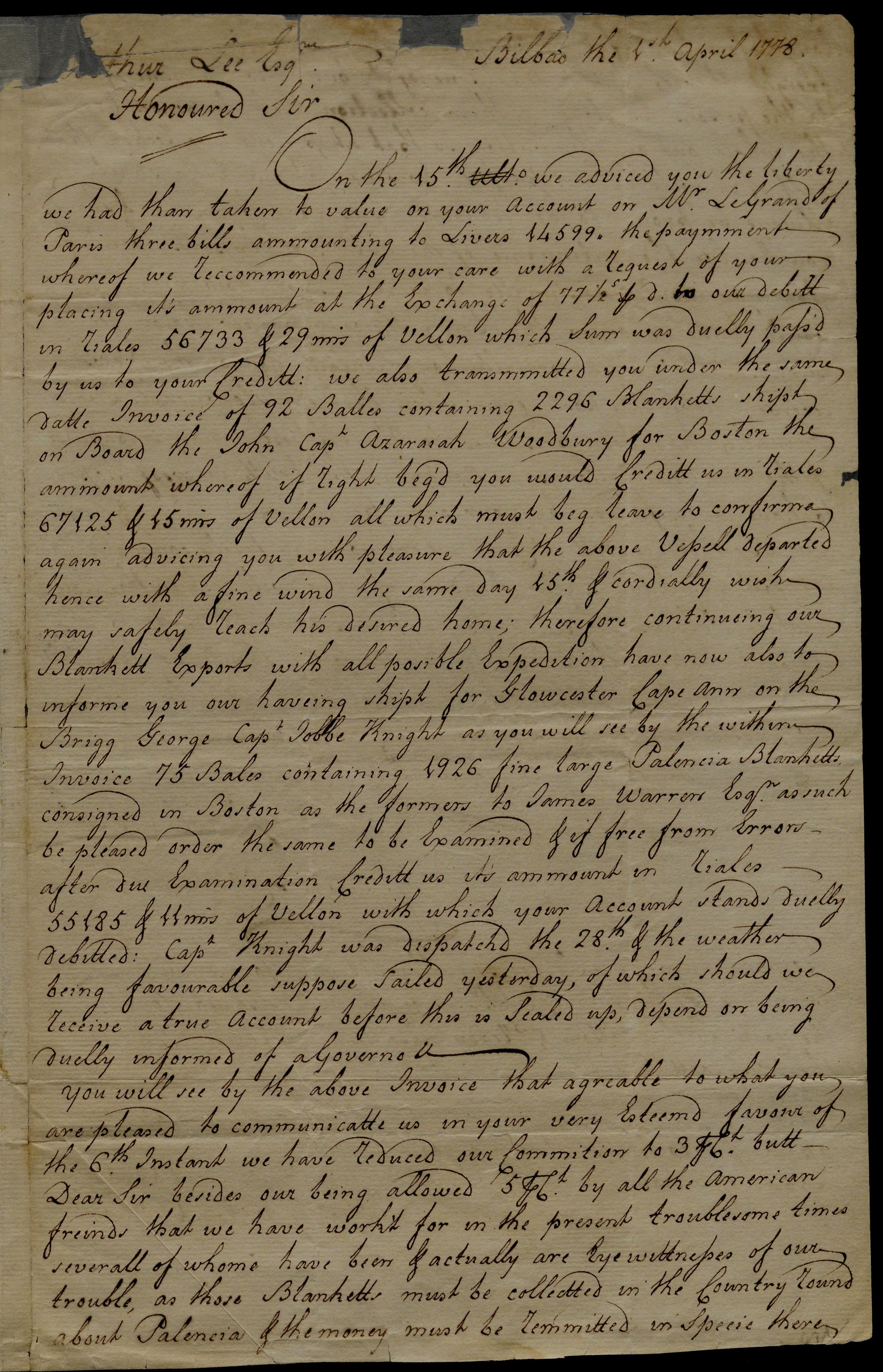 Handwritten letter from Gardoqui e Hijos (firm) to Arthur Lee, April 4, 1778. (The Gilder Lehrman Institute, GLC01450.523)