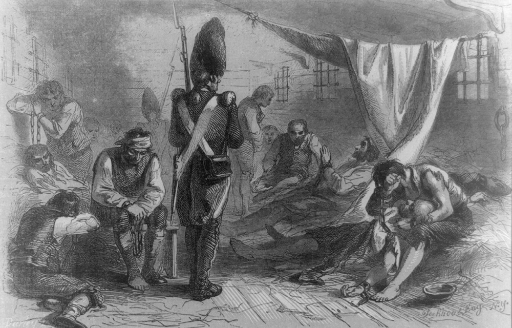 "Interior of the Old Jersey Prison Ship, in the Revolutionary War" by Felix O. C. Darley, artist, and Edward Bookhout, engraver, in "Life and Death on the Ocean" by Henry Howe, Cincinnati, 1855. (Library of Congress)