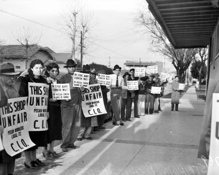 Striking pecan shellers picketing on the sidewalk in front of the Southern Pecan Shelling Company at 135 East Cevallos Street,” February 25, 1938. (San Antonio Light Photograph Collection, MS 359, University of Texas at San Antonio Libraries Special Collections)