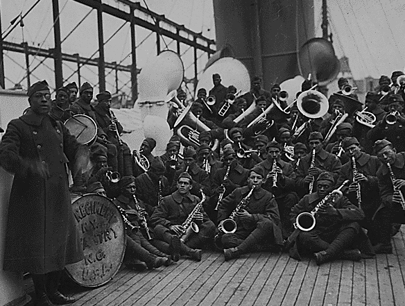 James Reese Europe and musicians in the 369th Colored Infantry Regiment, February 12, 1919 (National Archives)