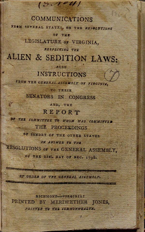 Title page, Communications from Several States . . . Respecting the Alien & Sedition Laws, Richmond 1800 (Gilder Lehrman Institute, GLC05770)