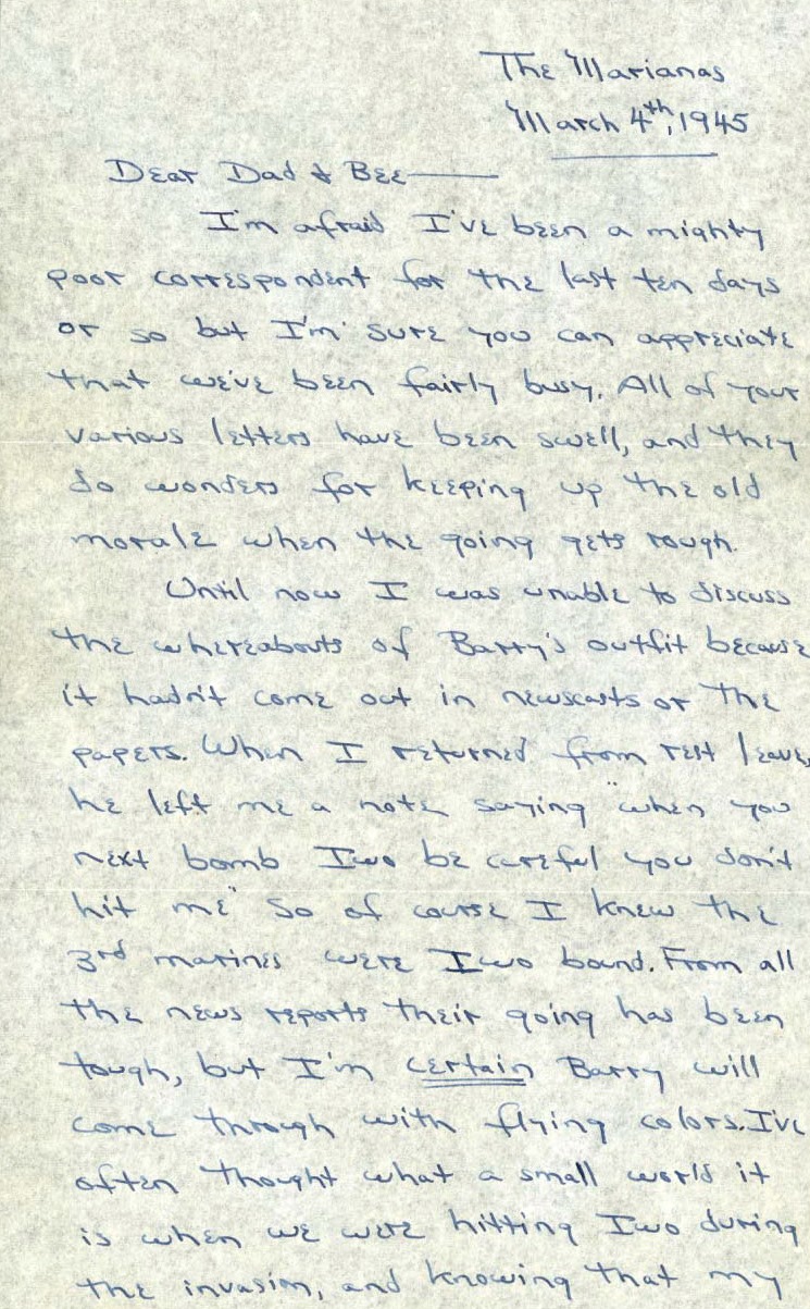 Letter from Robert L. Stone to Jacob and Beatrice Stone, Guam, March 4, 1945