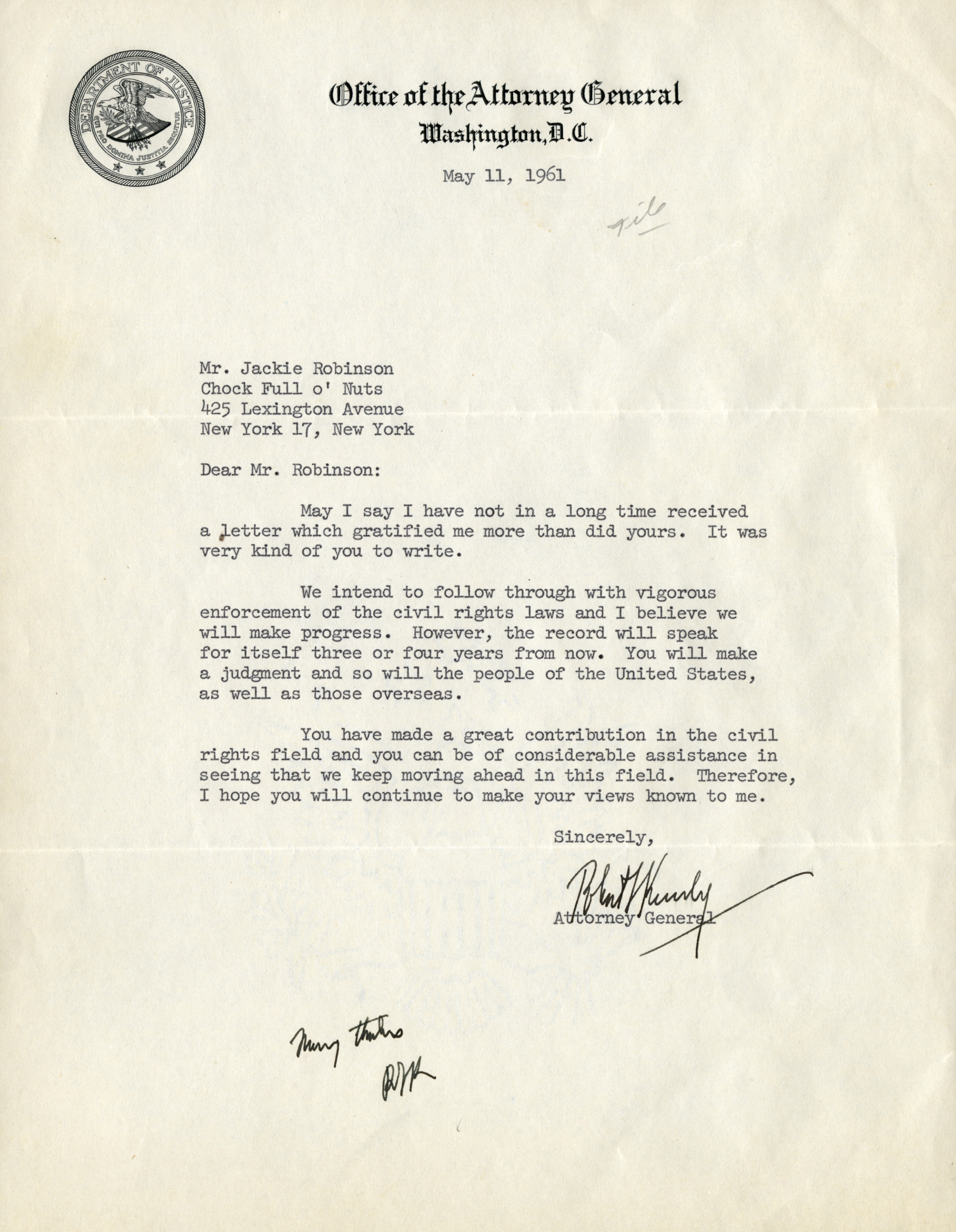 Letter to Jackie Robinson from Robert Kennedy, May 11, 1961. (The Gilder Lehrman Institute, GLC09754.06)