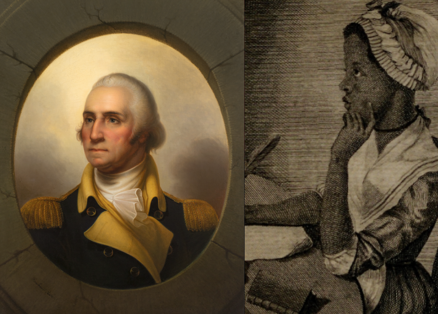Left: Painting of George Washington by Rembrandt Peale, ca. 1852 (Gilder Lehrman Institute, GLC09119.01). Right: Engraved portrait of Phillis Wheatley from "Poems on Various Subjects, Religious and Moral," 1773 (Gilder Lehrman Institute, GLC06154)