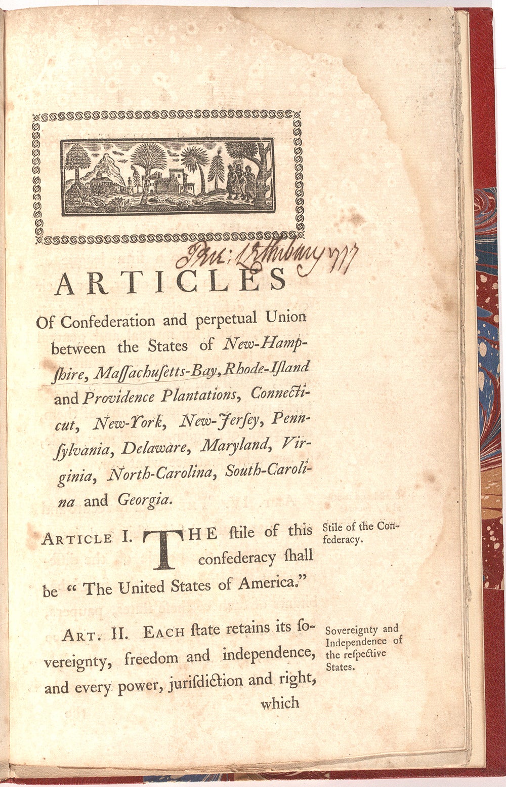 Articles of confederation and perpetual union between the states of New  Hampshire, Massachusetts Bay, Rhode Island, and Providence plantations,  Connecticut, New York, New Jersey, Pennsylvania, Delaware, Maryland,  Virginia, North Carolina, South