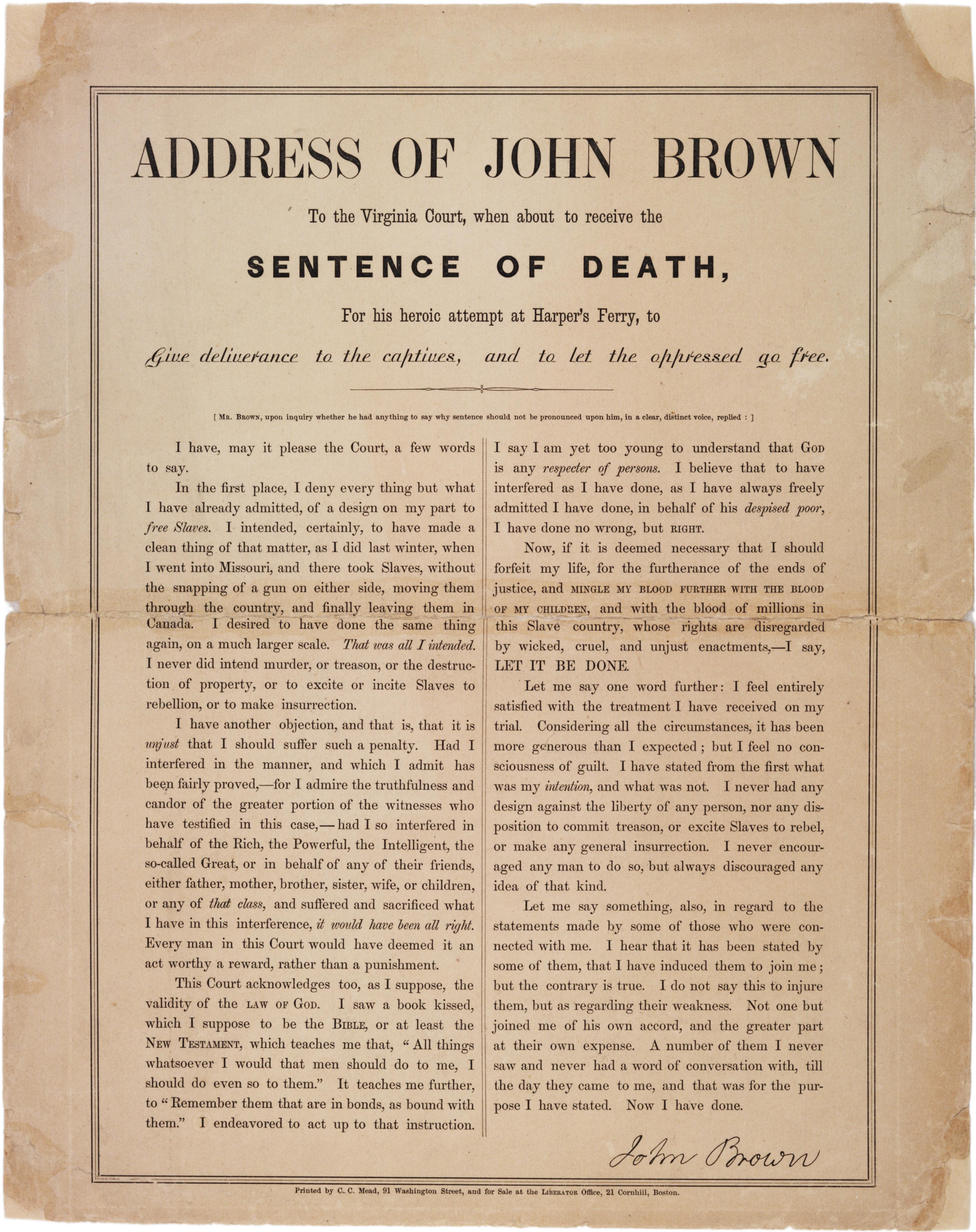 John Brown, "Address of John Brown to the Virginia Court," December 1859. (The Gilder Lehrman Institute, GLC05508.051)