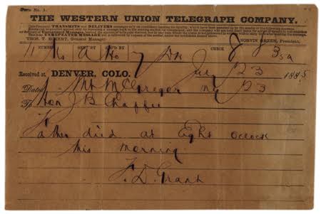 Frederick Dent Grant to J. B. Chaffee, telegram announcing Ulysses S. Grant's death, July 23, 1885 (Gilder Lehrman Institute).
