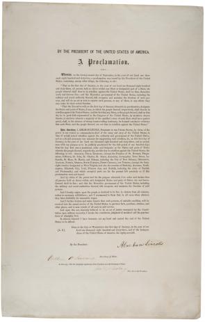 President Abraham Lincoln’s Emancipation Proclamation, published 1864. (Gilder Lehrman