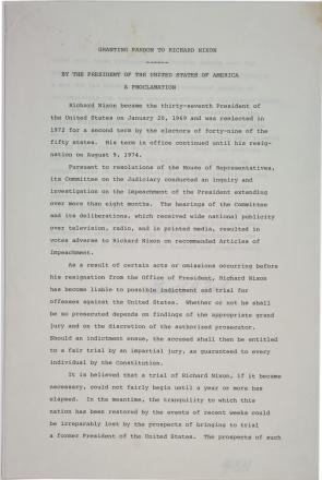 Gerald Ford, A Proclamation pardoning Richard Nixon, September 8, 1974. (Gilder Lehrman Collection)