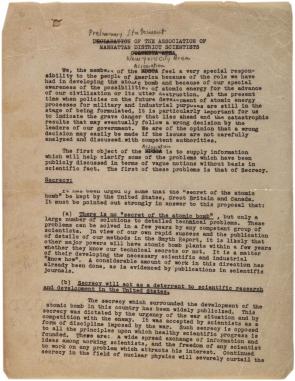 Preliminary statement of the Association of Manhattan District Scientists, August 1945. (Gilder Lehrman Collection)