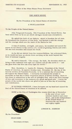 Lyndon B. Johnson, Proclamation 3561 - National Day of Mourning for President Kennedy, November 23, 1963. (GLC09533))