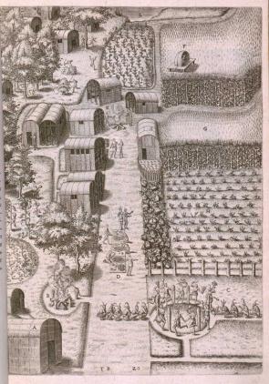 The Algonquian village of Secotan in present-day North Carolina, an engraving based on a 1585 drawing by John White, published in Americae pars decima, by Theodor de Bry (Oppenheimii: Typis H. Galleri, 1619). (Library of Congress Rare Book and Special Collections Division)